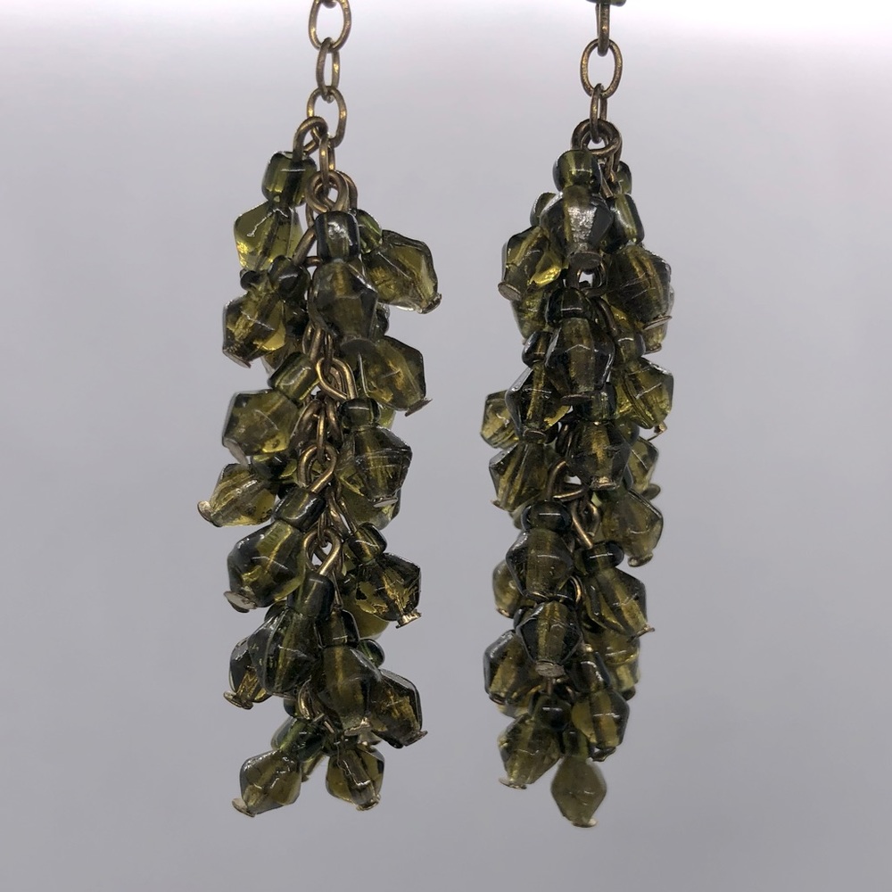 Green faceted glass bead earrings, long dangle